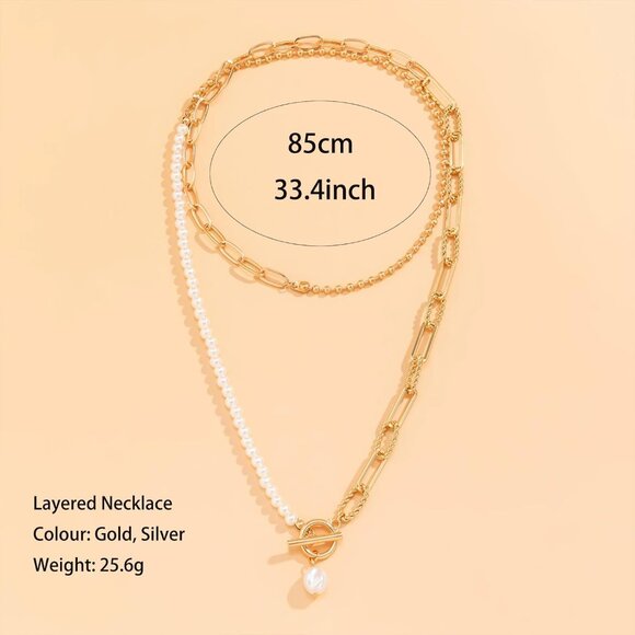 Layered Gold Necklace for Women Non Tarnish Paperclip Pearl Pendant Jewelry Set - Picture 5 of 7